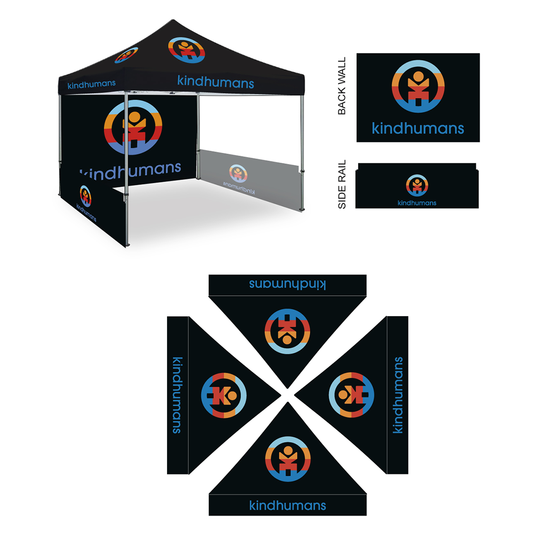 a black tent with logos and a logo on it