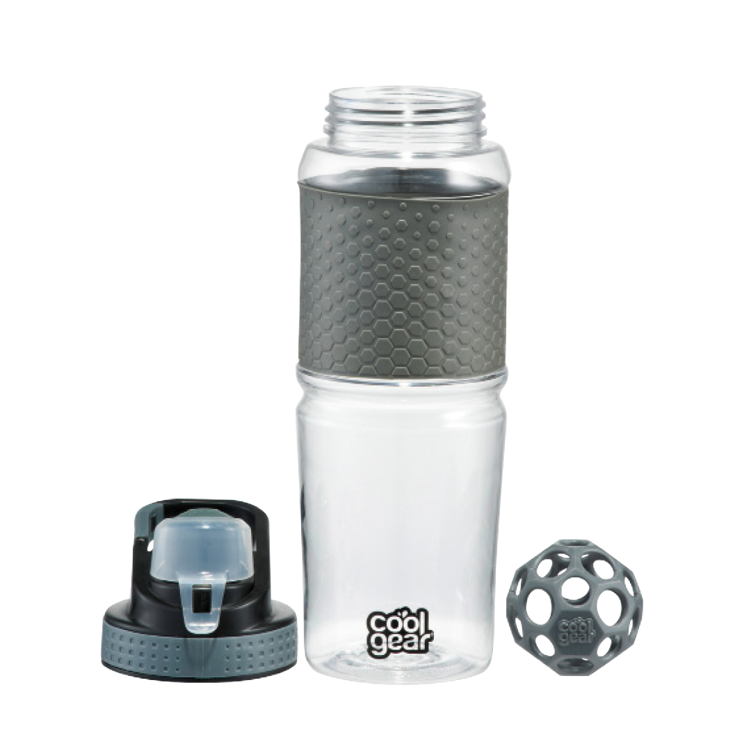 a water bottle with a grey lid and a grey cap