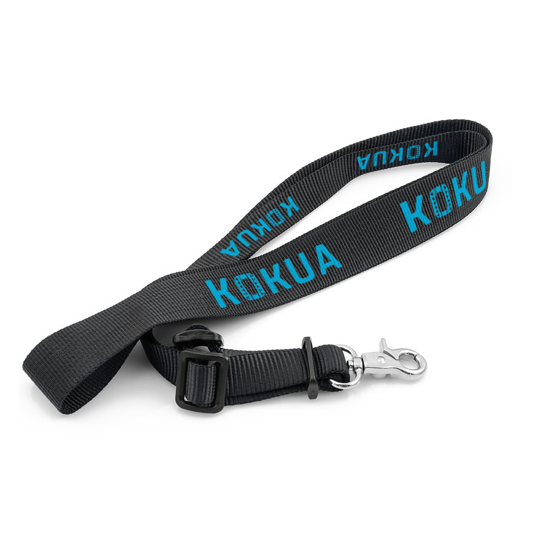 a black lanyard with blue text